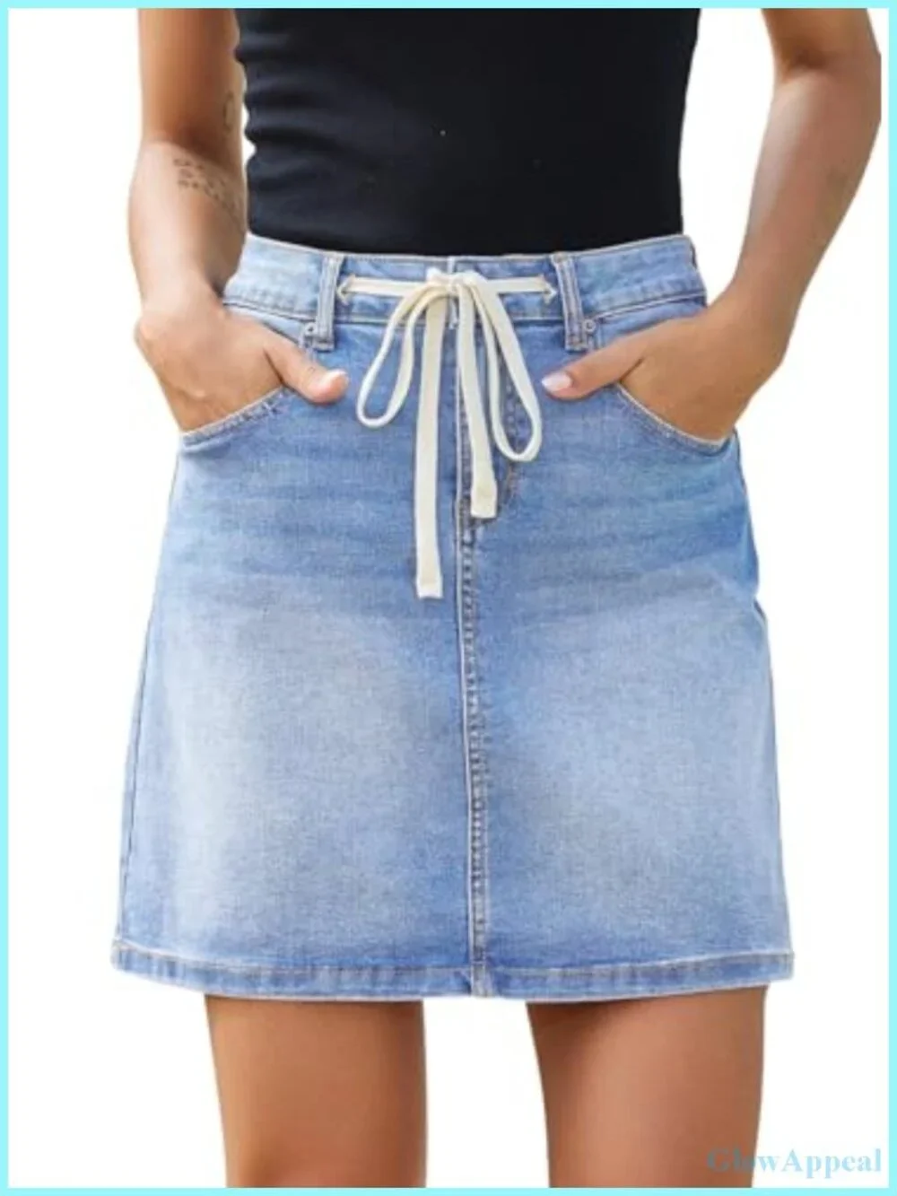 High Waist Drawstring Stretchy Mini Jean Skirt with Pockets Casual Summer